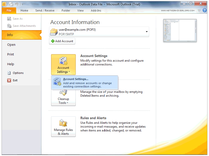 email settings for CWS Mailbox in Outlook 2010 Email
